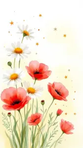 Illustration of Red Poppies and White Daisies with Star Accents