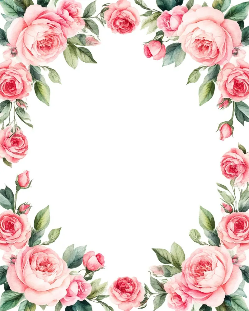 Pink Rose Floral Frame with Green Leaves
