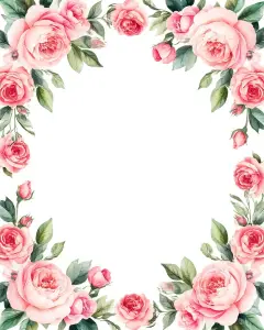 Pink Rose Floral Frame with Green Leaves