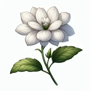 Illustration of a White Dahlia Flower with Green Leaves