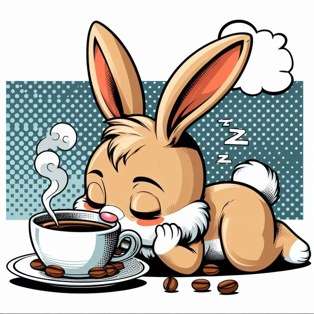 Sleeping Bunny Cartoon Next to a Steaming Coffee Cup