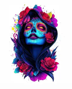 Vibrant Day of the Dead Skull Woman with Roses