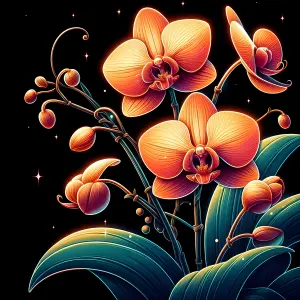 Vibrant Orange Orchids with Glowing Effect on Black Background