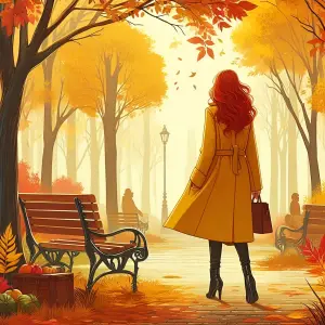 Woman in Yellow Coat Walking Through Autumn Park