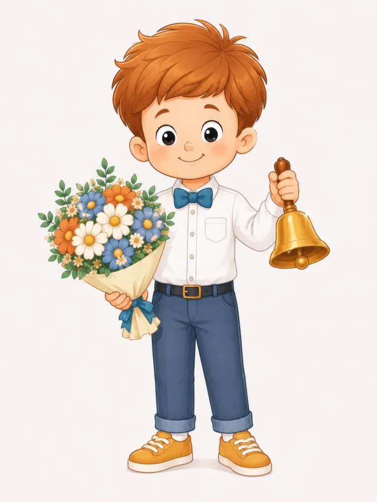 Cute Boy Holding Flowers and Ringing a Bell Illustration