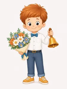 Cute Boy Holding Flowers and Ringing a Bell Illustration
