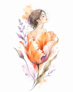 Watercolor Illustration of Woman Emerging from Orange Tulip