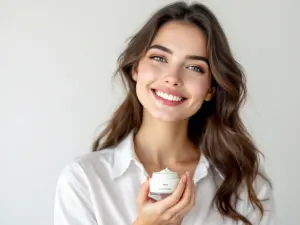 Smiling Woman Holding Facial Cream Jar