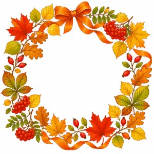 Autumn Wreath with Colorful Leaves, Berries, and Orange Ribbon
