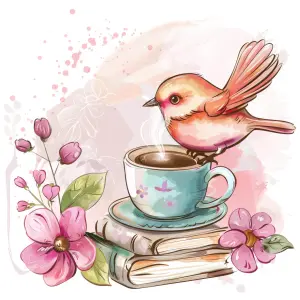 Illustration of a Bird Perched on a Tea Cup with Books and Flowers