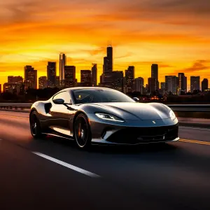 Black Sports Car Driving on City Highway at Sunset