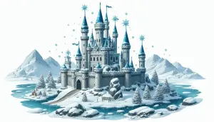 Snow-Covered Fantasy Castle with Blue Turrets on Frozen Lake