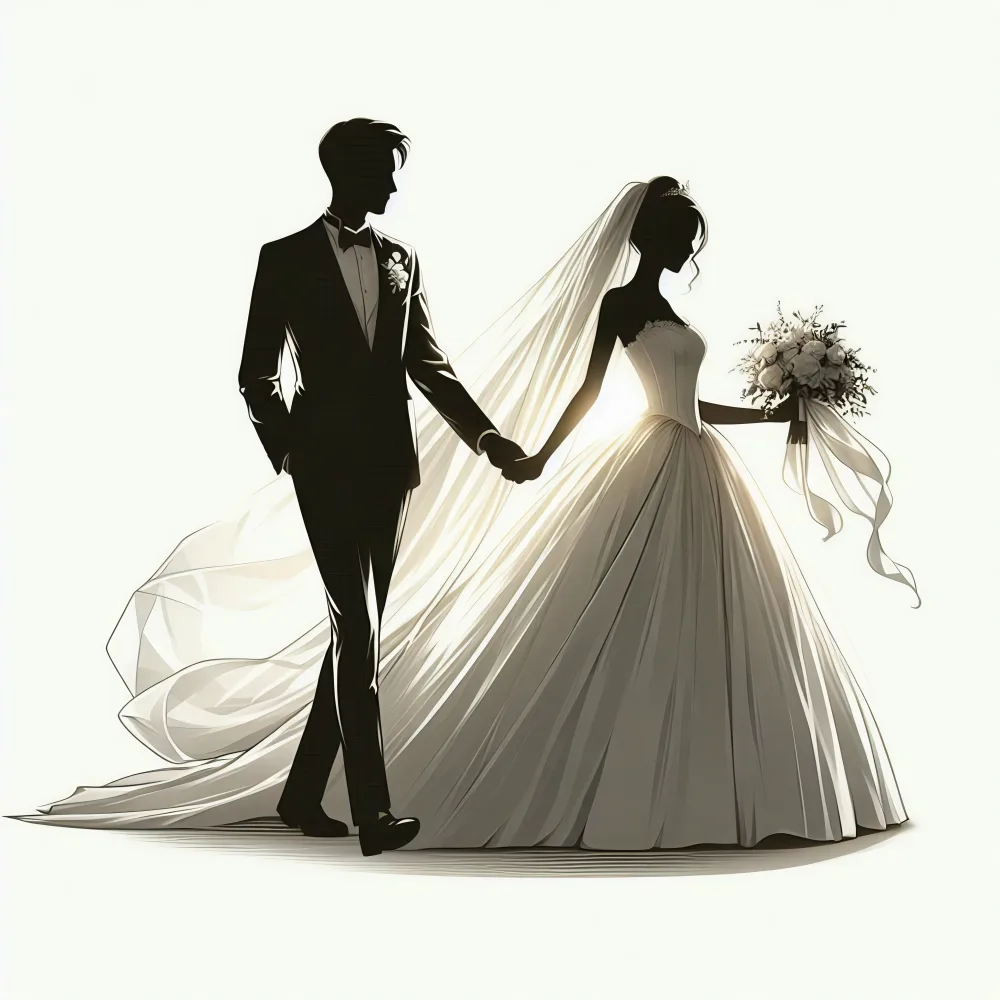 Elegant Silhouette of Bride and Groom Holding Hands