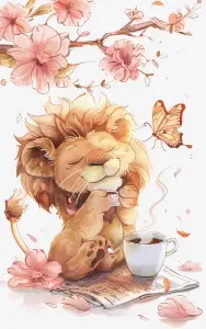 Cute Cartoon Lion Enjoying Tea with Butterflies and Cherry Blossoms
