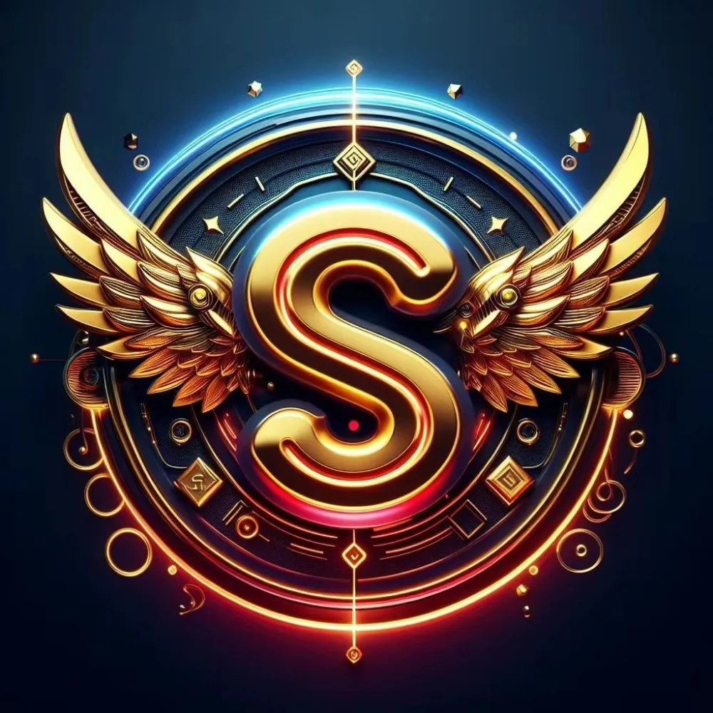 Golden Letter S with Wings and Futuristic Circular Design
