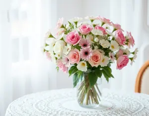 Bouquet of Pink Roses and White Daisies in Glass Vase on Lace Tablecloth