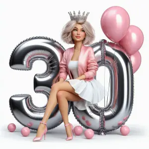 Stylish Woman Celebrating 30th Birthday with Silver Balloons and Crown