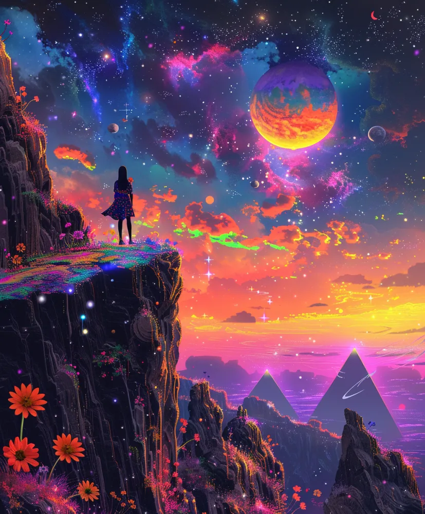 Surreal landscape with woman on cliff overlooking cosmic sky and pyramids
