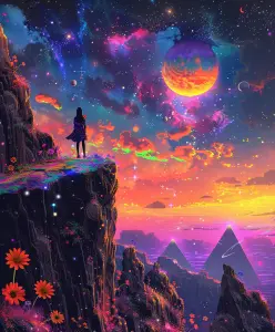 Surreal landscape with woman on cliff overlooking cosmic sky and pyramids