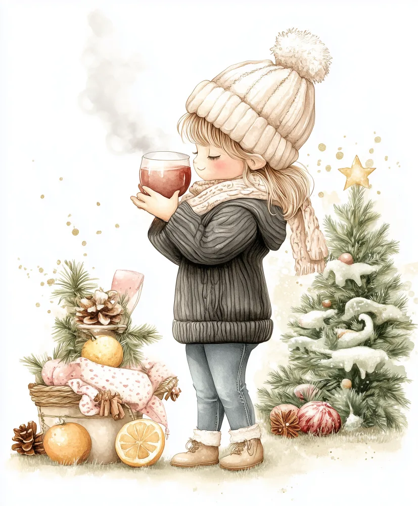 Child in Winter Clothes Enjoying a Hot Drink Near Christmas Decorations