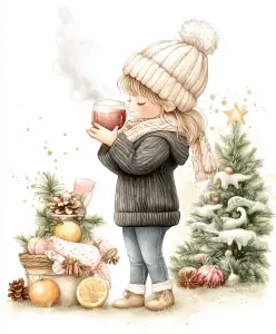 Child in Winter Clothes Enjoying a Hot Drink Near Christmas Decorations
