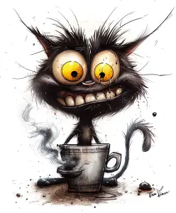 Wide-Eyed Cartoon Cat Emerging from Coffee Cup with Steaming Ashtray