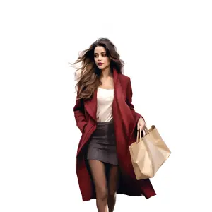 Stylish Woman in Red Coat Carrying Shopping Bag