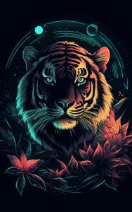 Neon Tiger Portrait with Glowing Foliage and Abstract Elements