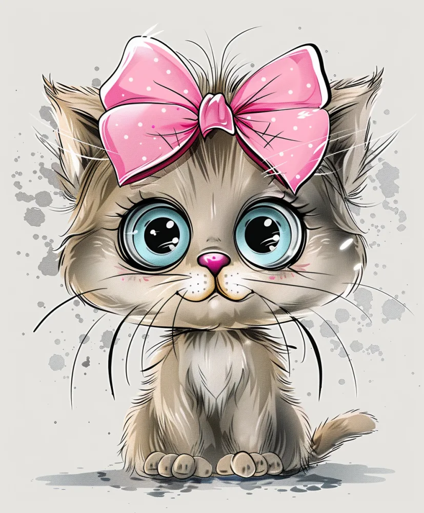Cartoon Kitten with Big Blue Eyes and Pink Bow
