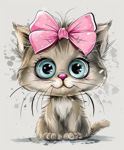 Cartoon Kitten with Big Blue Eyes and Pink Bow