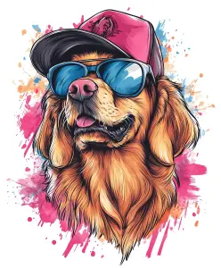 Stylish Golden Retriever Wearing Sunglasses and Cap Illustration