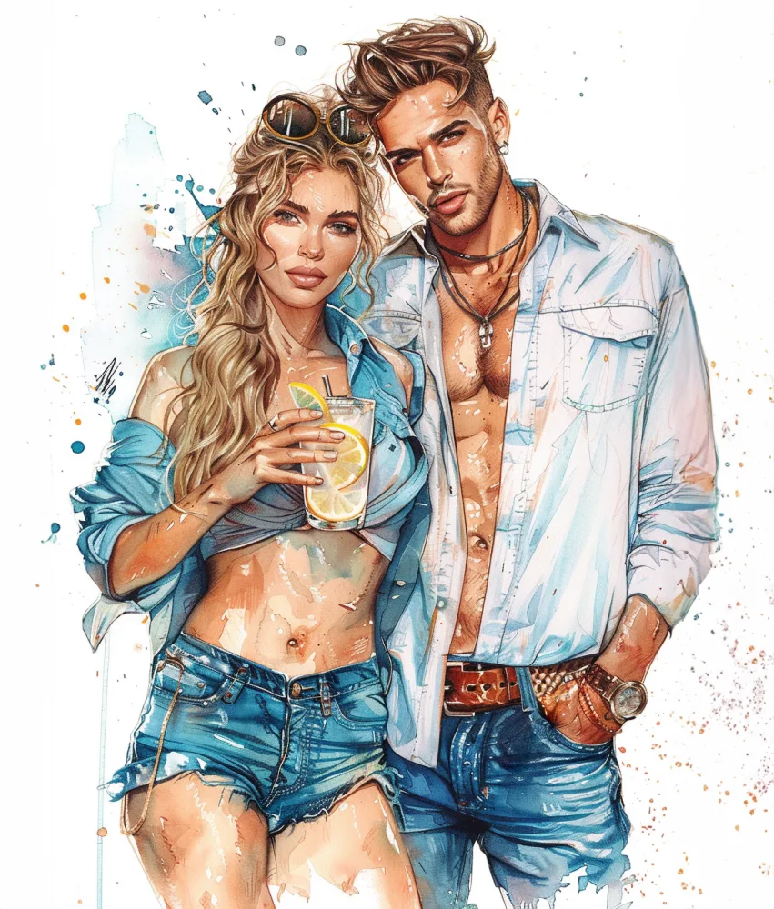 Stylish Young Couple in Summer Casuals with Lemonade
