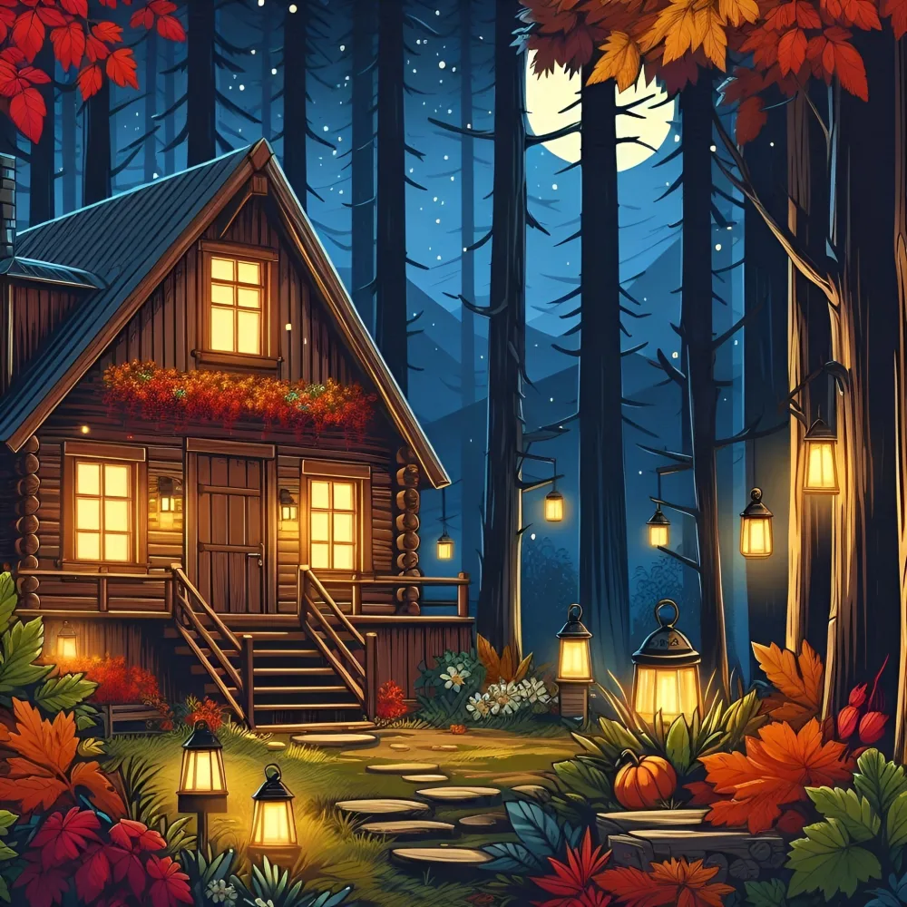 Cozy Autumn Cabin in Moonlit Forest with Lanterns