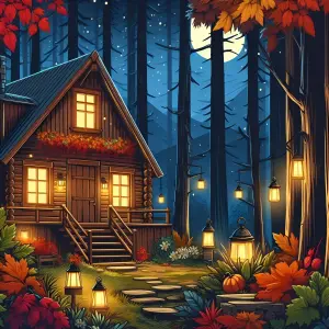Cozy Autumn Cabin in Moonlit Forest with Lanterns