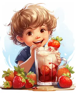 Happy Child with Fresh Strawberry Drink
