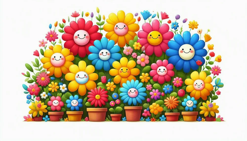 Colorful Smiling Cartoon Flowers in Pots
