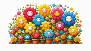 Colorful Smiling Cartoon Flowers in Pots