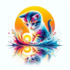 Colorful Kitten Playing with Splashes by Reflective Water