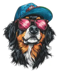Bernese Mountain Dog Wearing Blue Cap and Pink Sunglasses Illustration