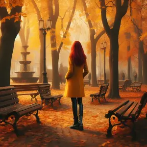 Woman in Yellow Coat Walking Through Autumn Park with Fallen Leaves