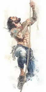 Muscular Tattooed Man Climbing Rope in Artistic Style