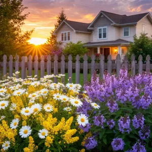 Sunset View of Flower Garden with Wooden Fence and House