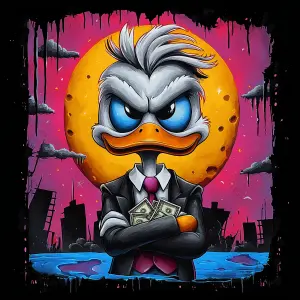 Cartoon Angry Duck in Suit Holding Money with Cityscape Background
