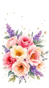 Watercolor Bouquet of Pink Roses and Purple Flowers