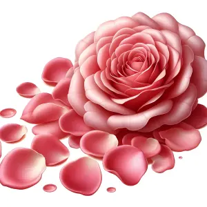Close-up of a pink rose with scattered petals