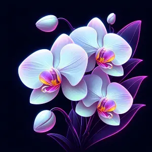 Glowing Neon White Orchids with Purple Leaves