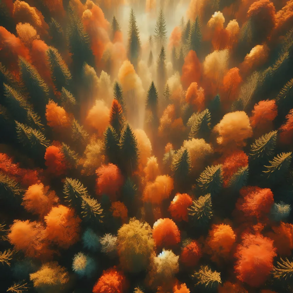 Aerial View of Autumn Forest with Vibrant Orange and Yellow Trees