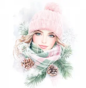 Winter Portrait of a Young Woman with Pink Hat and Plaid Scarf
