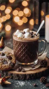 Hot Chocolate with Marshmallows and Chocolate Chip Cookie on Wooden Surface
