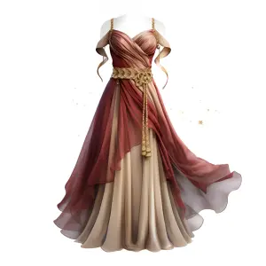 Elegant Red and Beige Evening Gown with Gold Belt